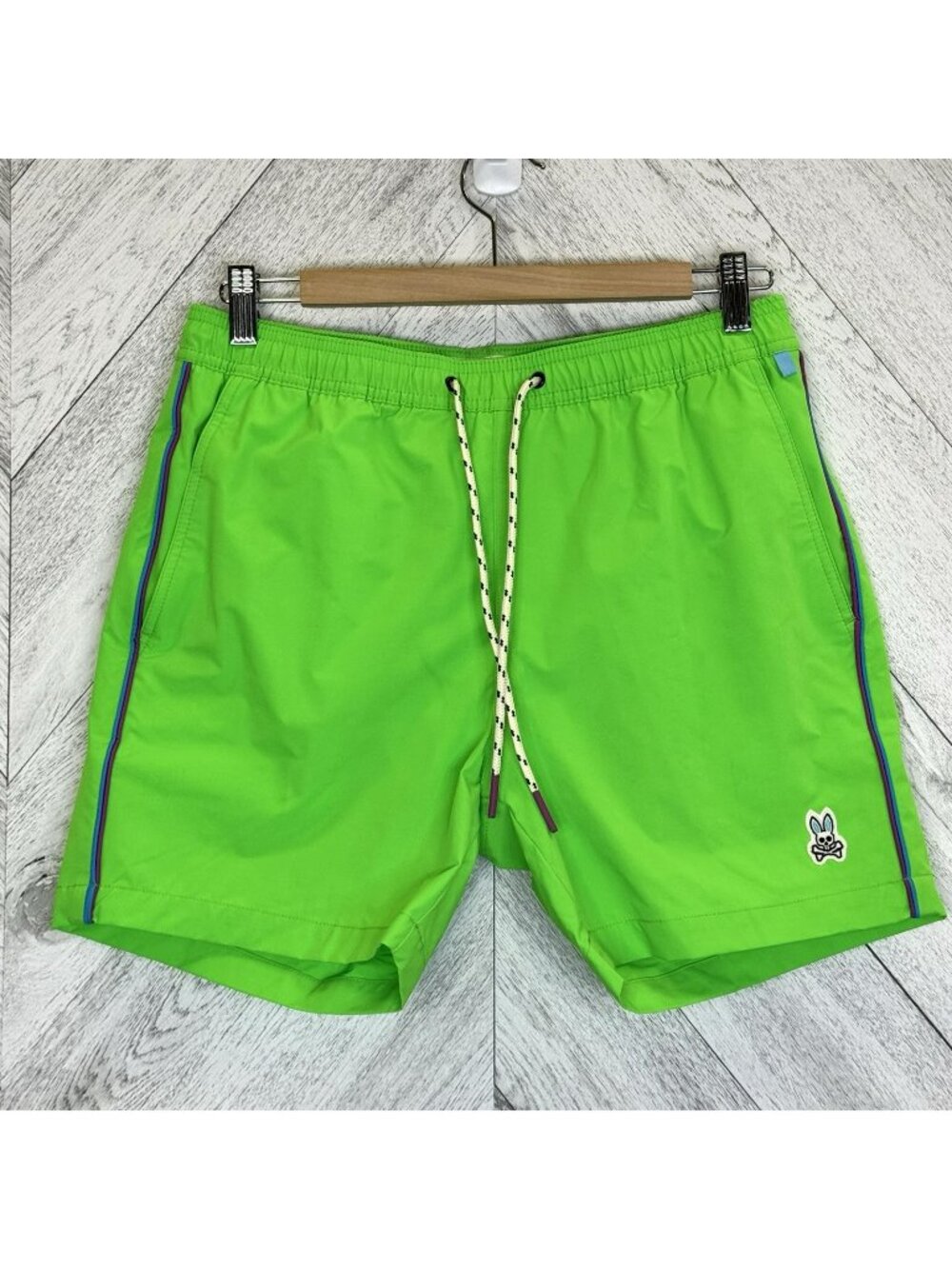 Psycho Bunny Mens Size Small Neon Green Nylon Mesh Lined Swim Trunks Shorts 5"